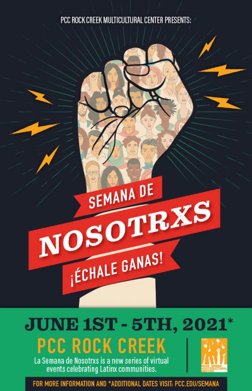 Poster in English with the event details and an illustration of a social justice fist with faces on a black background with lightning bolts