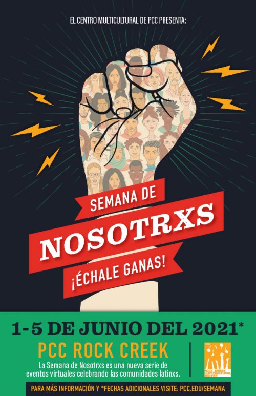 Póster en español con los detalles del evento y una ilustración de un puño de justicia social con caras sobre fondo negro con relámpagos