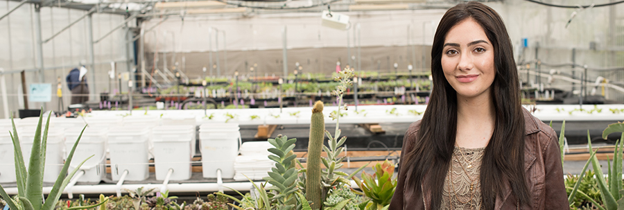 Landscape Technology student in a greenhouse