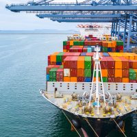 Cargo ship terminal, Unloading crane of cargo ship terminal, Industrial port with containers and container ship.